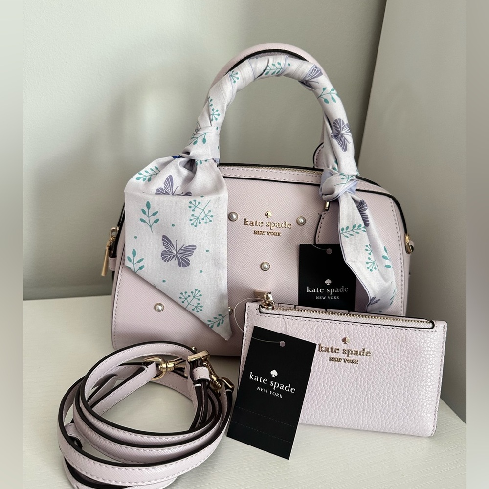 Kate Spade Madison Faux Pearl Studded Satchel + Leila Wallet in (Lilac Moon)